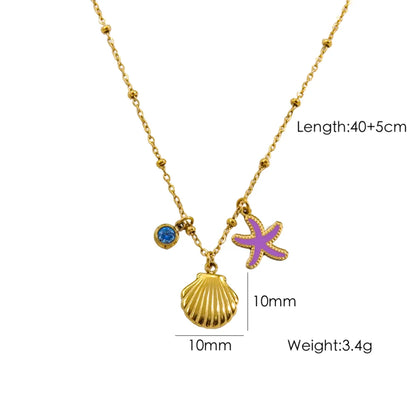 Wholesale Jewelry Marine Style Beach Tropical Starfish Dolphin Shell 304 Stainless Steel Rhinestones Shell 14K Gold Plated Enamel Plating Inlay Pendant Necklace