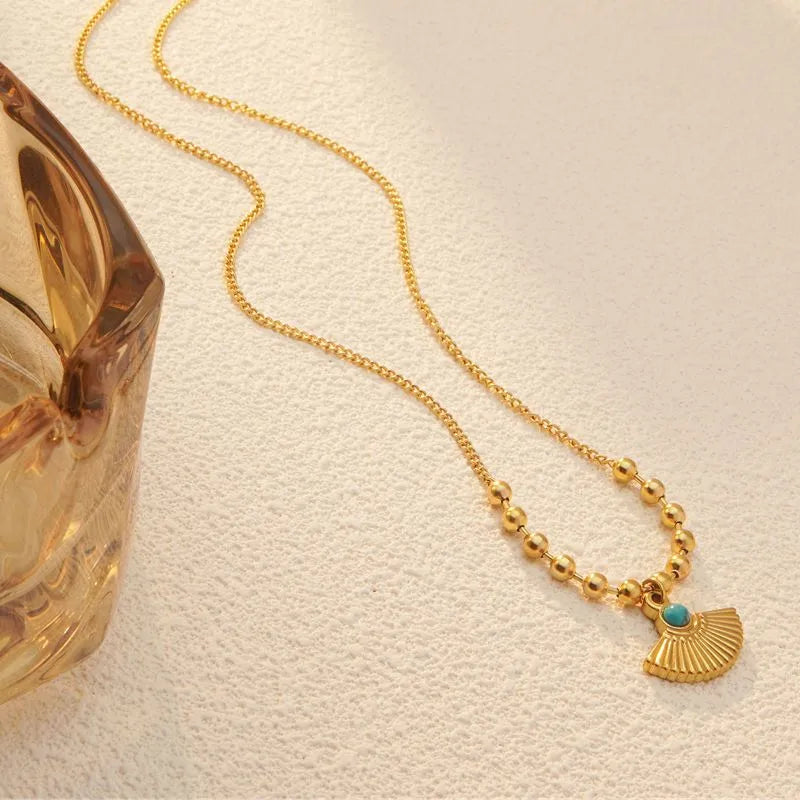 Wholesale Jewelry Marine Style Classic Style Sector 304 Stainless Steel Turquoise 18K Gold Plated Inlay Pendant Necklace