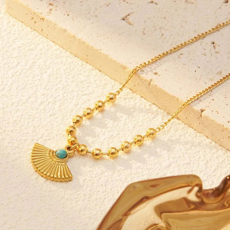 Wholesale Jewelry Marine Style Classic Style Sector 304 Stainless Steel Turquoise 18K Gold Plated Inlay Pendant Necklace