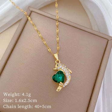 Wholesale Jewelry Modern Style Classic Style Dolphin Heart Shape Titanium Steel Copper Zircon Gold Plated Inlay Pendant Necklace