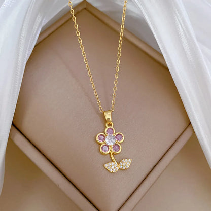 Wholesale Jewelry Modern Style Classic Style Flower Titanium Steel Copper Zircon Gold Plated Inlay Pendant Necklace