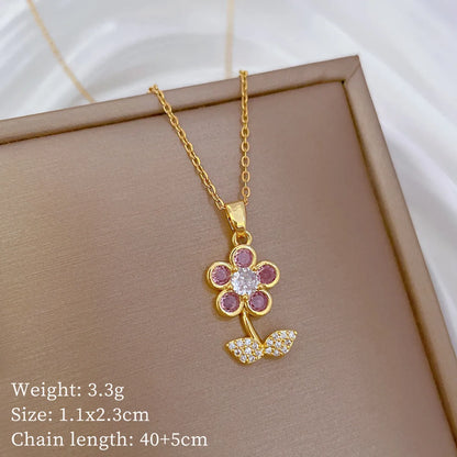 Wholesale Jewelry Modern Style Classic Style Flower Titanium Steel Copper Zircon Gold Plated Inlay Pendant Necklace