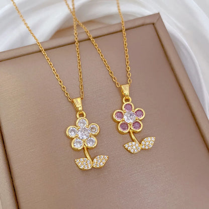 Wholesale Jewelry Modern Style Classic Style Flower Titanium Steel Copper Zircon Gold Plated Inlay Pendant Necklace