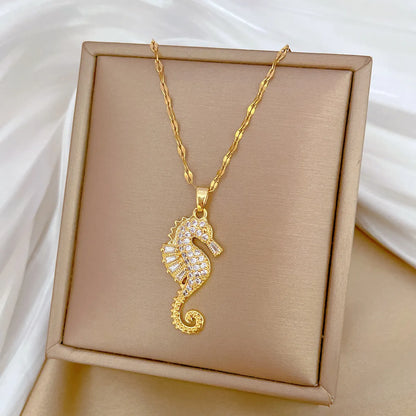 Wholesale Jewelry Modern Style Classic Style Hippocampus Titanium Steel Copper Zircon Gold Plated Plating Inlay Pendant Necklace