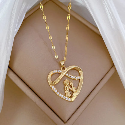 Wholesale Jewelry Modern Style Classic Style Human Infinity Heart Shape Titanium Steel Copper Zircon Gold Plated Hollow Out Inlay Pendant Necklace