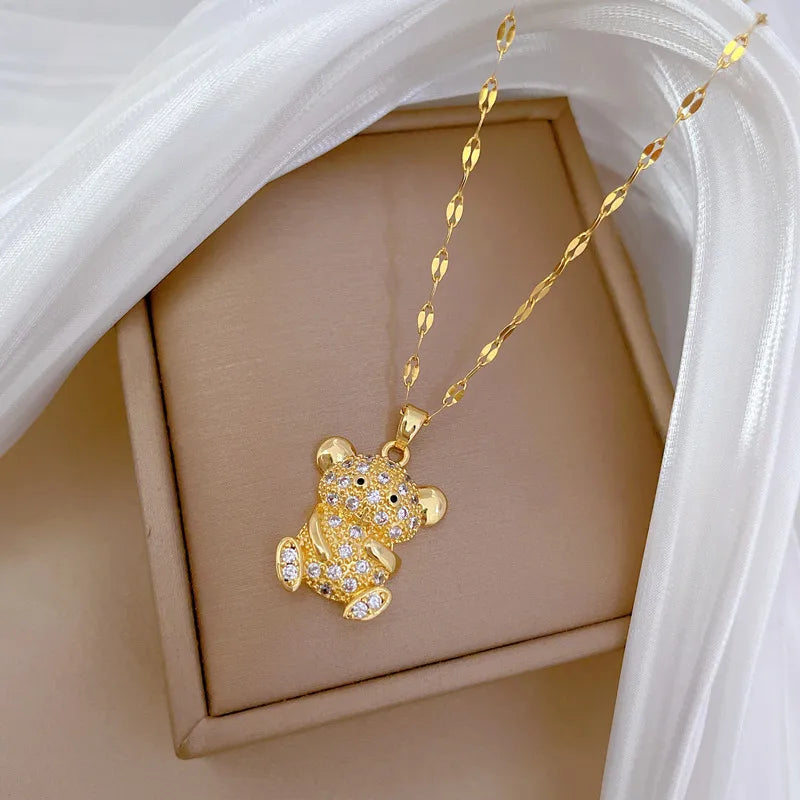 Wholesale Jewelry Modern Style Classic Style Little Bear Titanium Steel Copper Zircon Gold Plated Inlay Pendant Necklace