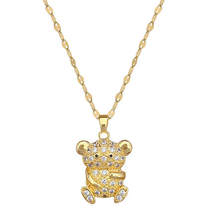 Wholesale Jewelry Modern Style Classic Style Little Bear Titanium Steel Copper Zircon Gold Plated Inlay Pendant Necklace