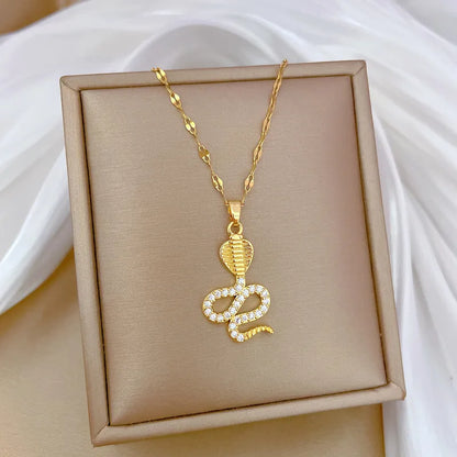 Wholesale Jewelry Modern Style Classic Style Snake Titanium Steel Copper Zircon Gold Plated Inlay Pendant Necklace