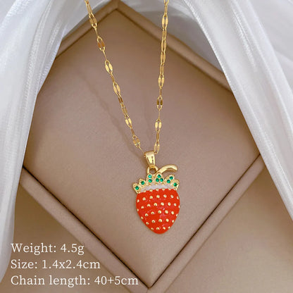 Wholesale Jewelry Modern Style Classic Style Strawberry Titanium Steel Copper Zircon Gold Plated Enamel Inlay Pendant Necklace