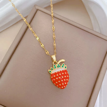 Wholesale Jewelry Modern Style Classic Style Strawberry Titanium Steel Copper Zircon Gold Plated Enamel Inlay Pendant Necklace