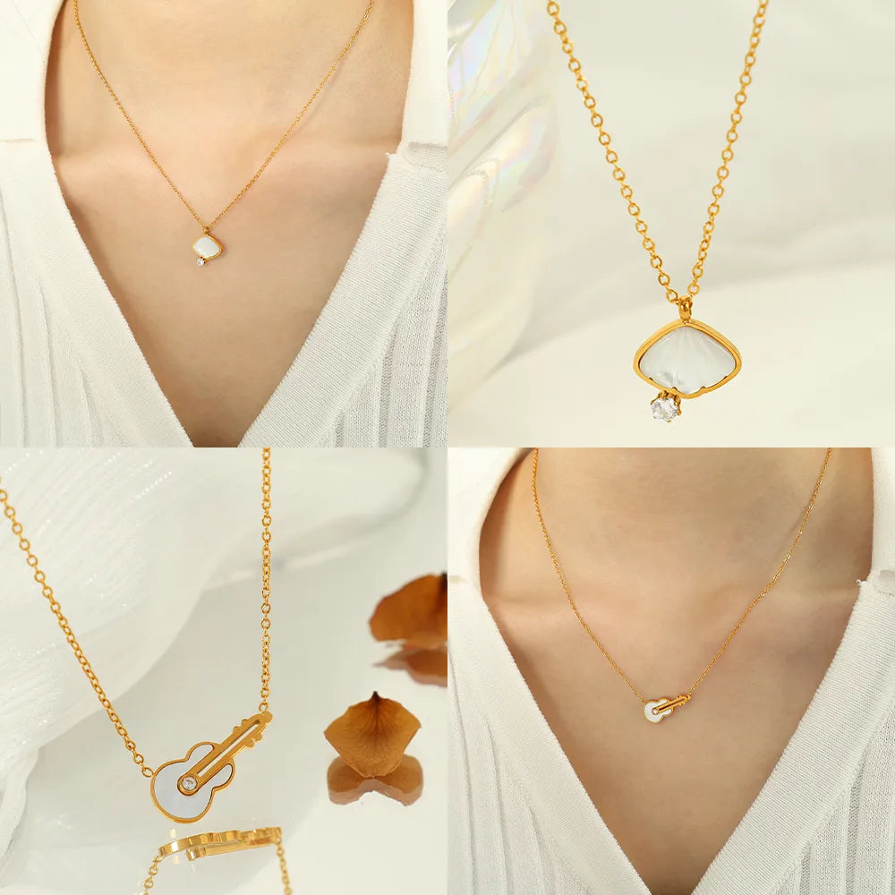 Wholesale Jewelry Modern Style Simple Style Korean Style Guitar Shell 304 Stainless Steel Shell 18K Gold Plated Plating Inlay Pendant Necklace