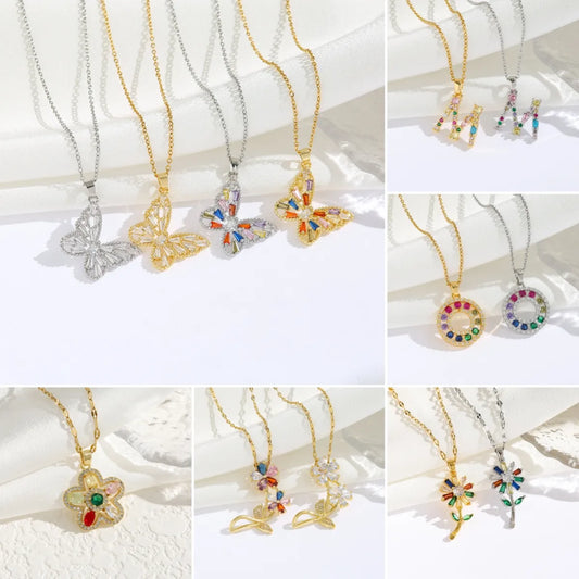 Wholesale Jewelry Modern Style Sweet Classic Style Geometric Letter Flower Titanium Steel Zircon 18K Gold Plated Plating Inlay Pendant Necklace