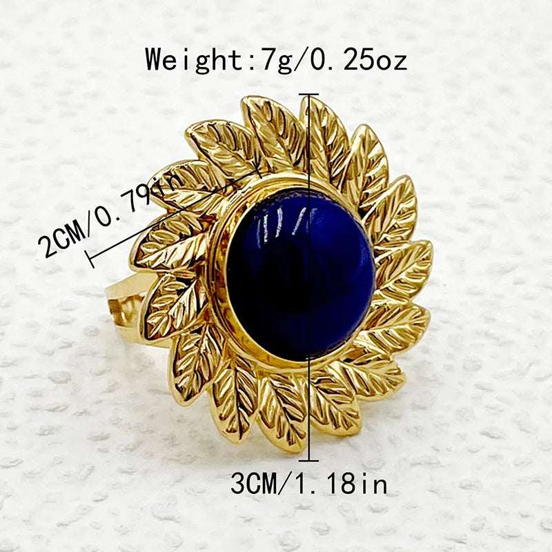 Wholesale Jewelry Modern Style Sweet Round Sun Flower 304 Stainless Steel Natural Stone 14K Gold Plated Enamel Plating Open Rings