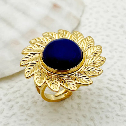 Wholesale Jewelry Modern Style Sweet Round Sun Flower 304 Stainless Steel Natural Stone 14K Gold Plated Enamel Plating Open Rings