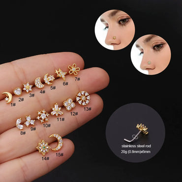 Wholesale Jewelry Moon Star Flower Shape Inlaid Zircon Stainless Steel Nose Ring Gooddiy