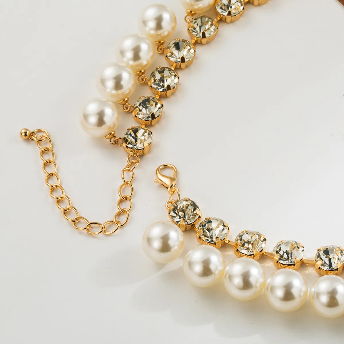 Wholesale Jewelry Princess Glam Round Artificial Pearl Alloy Rhinestones Pearl 14K Gold Plated Plating Inlay Necklace