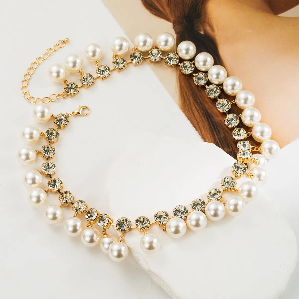 Wholesale Jewelry Princess Glam Round Artificial Pearl Alloy Rhinestones Pearl 14K Gold Plated Plating Inlay Necklace