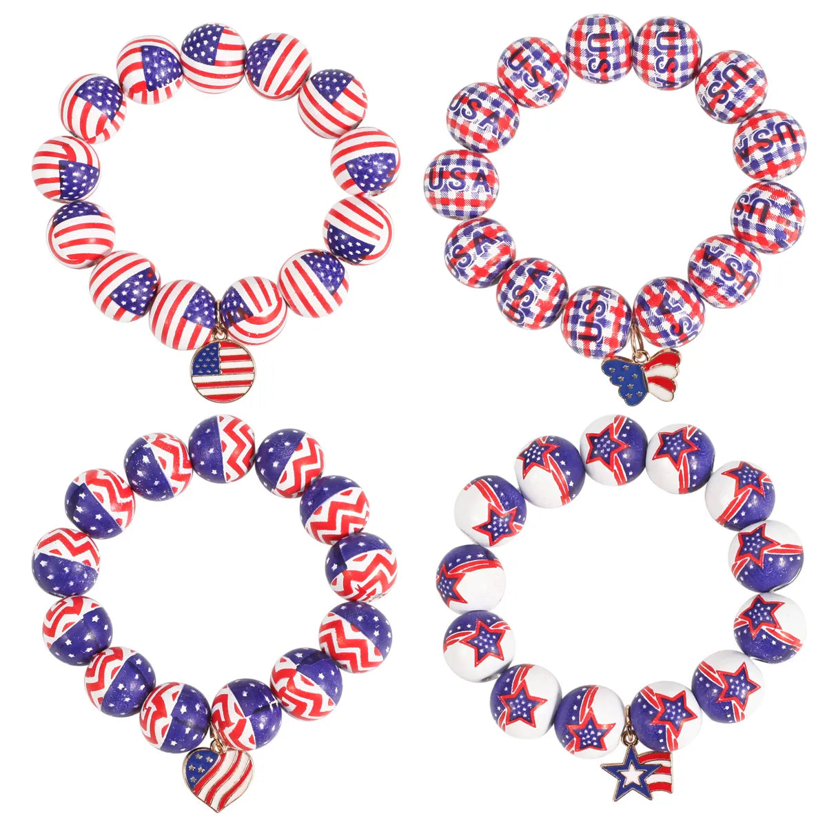 Wholesale Jewelry Retro American Flag Wood Beaded Bracelets