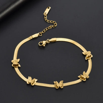 Retro Beach Butterfly Stainless Steel Plating Inlay Zircon 18k Gold Plated Silver Plated Women'S Anklet