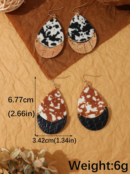 Wholesale Jewelry Retro Cattle Pu Leather Patchwork Drop Earrings