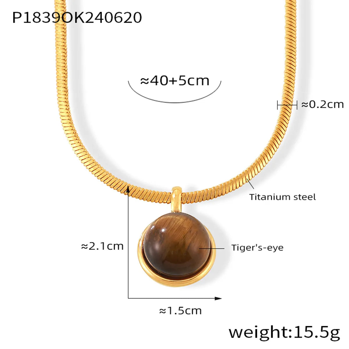 Wholesale Jewelry Retro Classic Style Round 304 Stainless Steel Artificial Pearls Tiger Eye 18K Gold Plated Plating Inlay Pendant Necklace