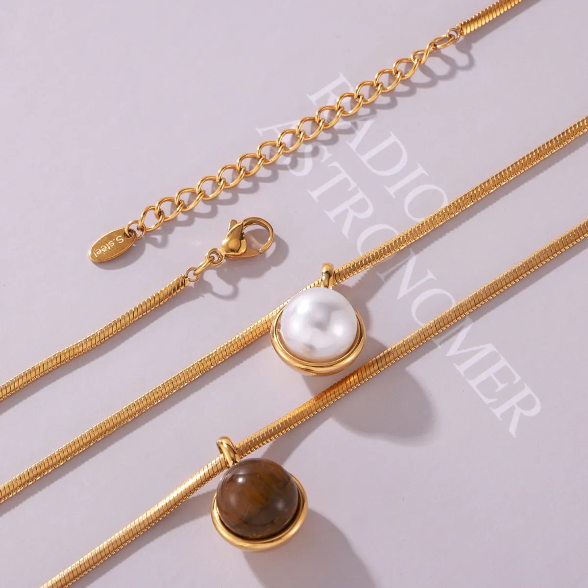 Wholesale Jewelry Retro Classic Style Round 304 Stainless Steel Artificial Pearls Tiger Eye 18K Gold Plated Plating Inlay Pendant Necklace