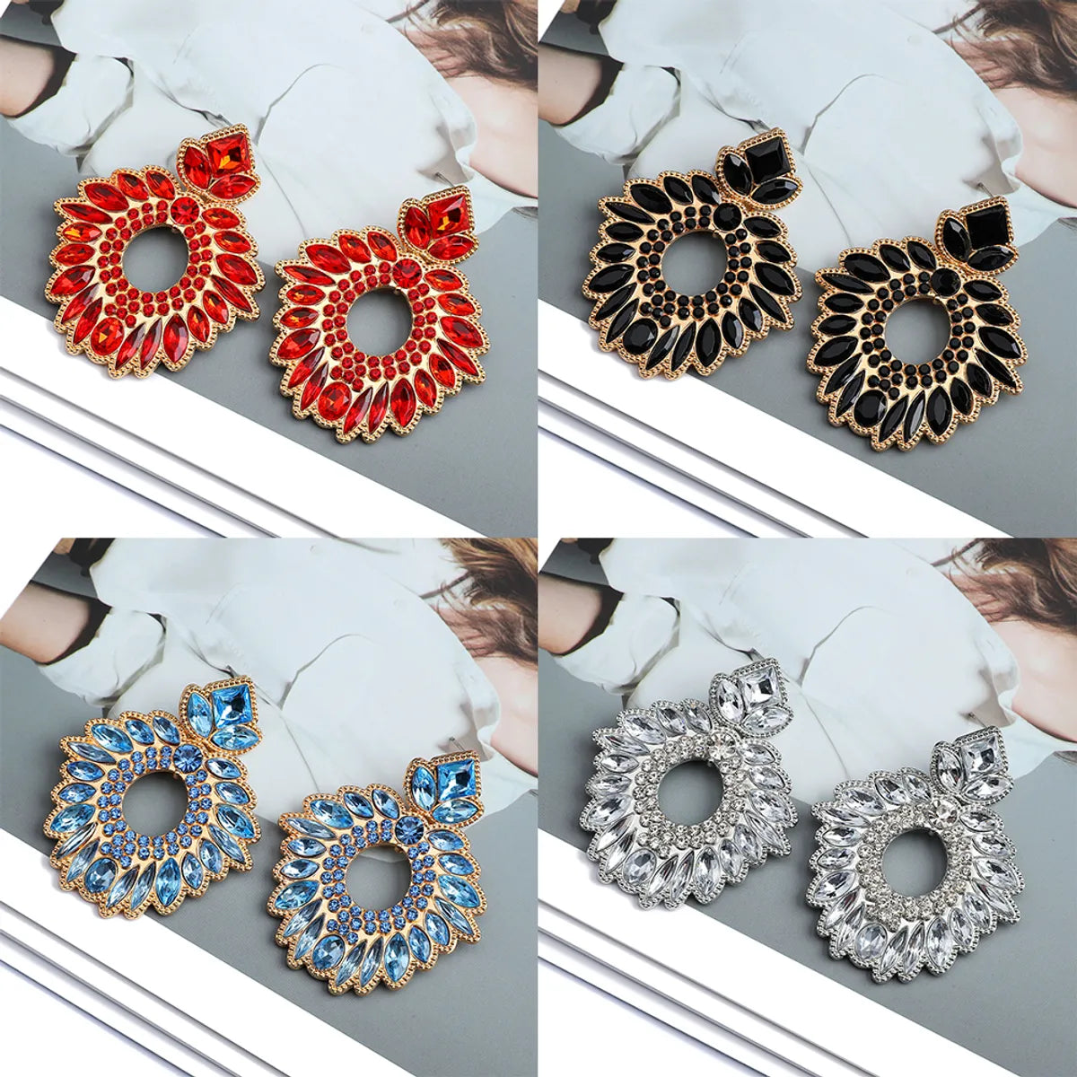 1 Pair Retro Exaggerated Geometric Plating Hollow Out Inlay Zinc Alloy Rhinestones Drop Earrings