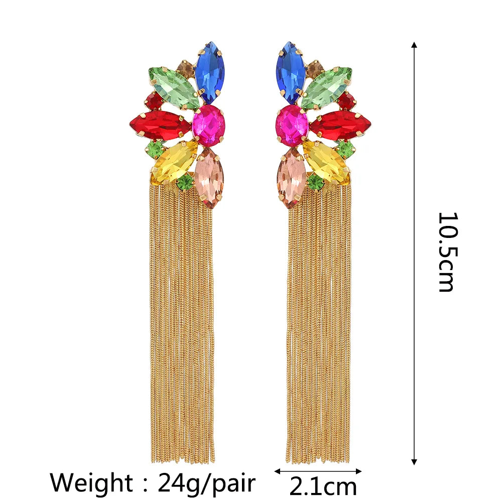 Wholesale Jewelry Retro Exaggerated Oval Tassel Zinc Alloy Glass Plating Inlay Drop Earrings