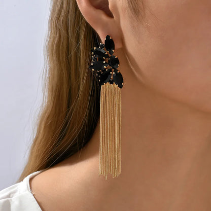 Wholesale Jewelry Retro Exaggerated Oval Tassel Zinc Alloy Glass Plating Inlay Drop Earrings