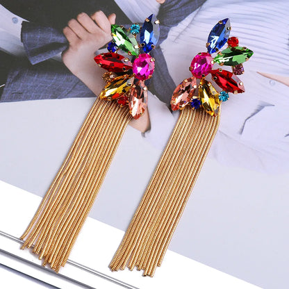 Wholesale Jewelry Retro Exaggerated Oval Tassel Zinc Alloy Glass Plating Inlay Drop Earrings