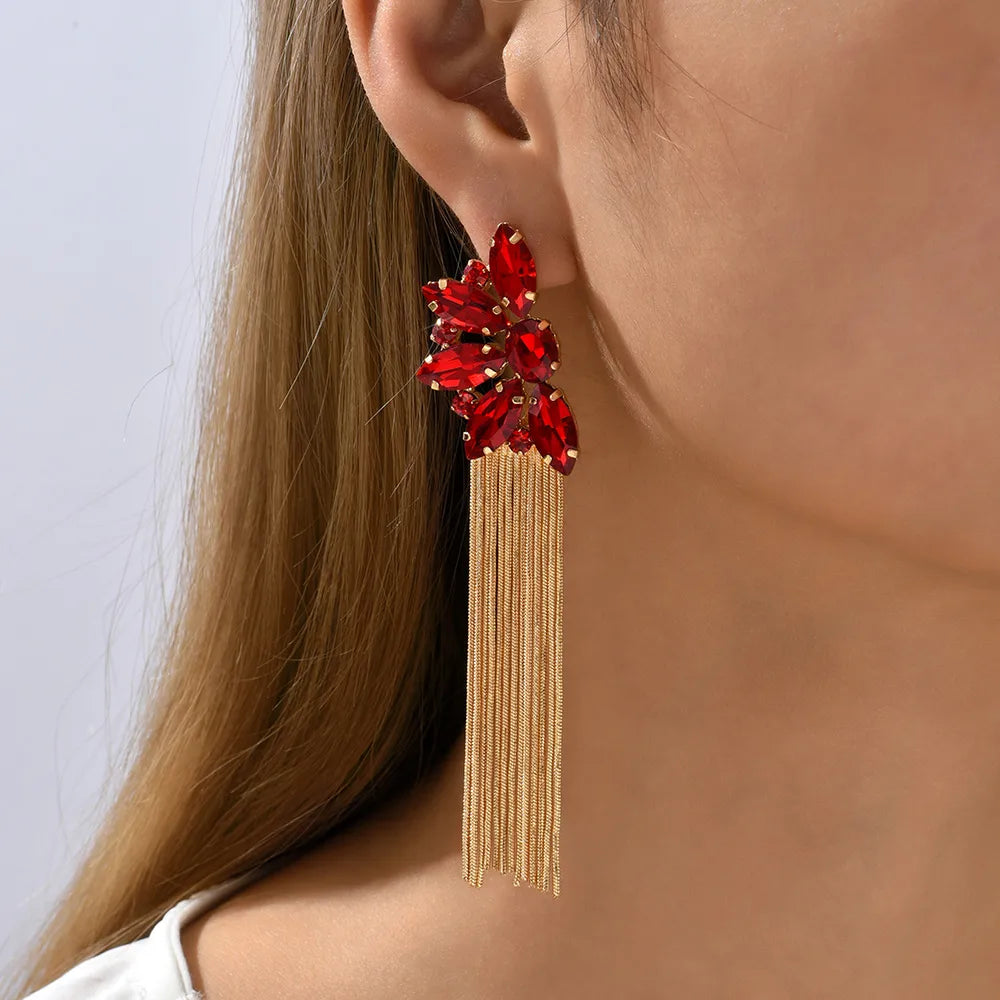 Wholesale Jewelry Retro Exaggerated Oval Tassel Zinc Alloy Glass Plating Inlay Drop Earrings