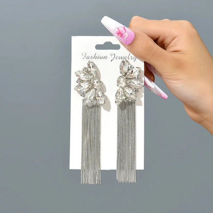 Wholesale Jewelry Retro Exaggerated Oval Tassel Zinc Alloy Glass Plating Inlay Drop Earrings