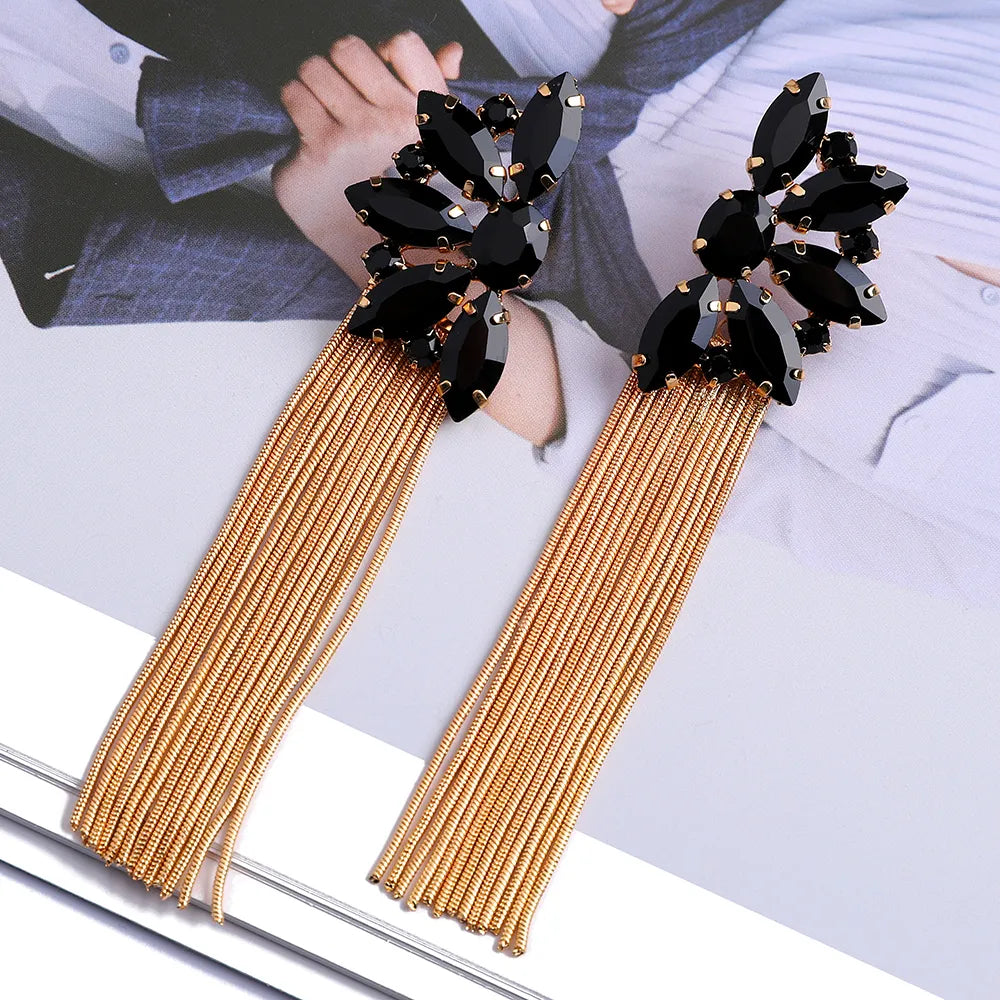 Wholesale Jewelry Retro Exaggerated Oval Tassel Zinc Alloy Glass Plating Inlay Drop Earrings