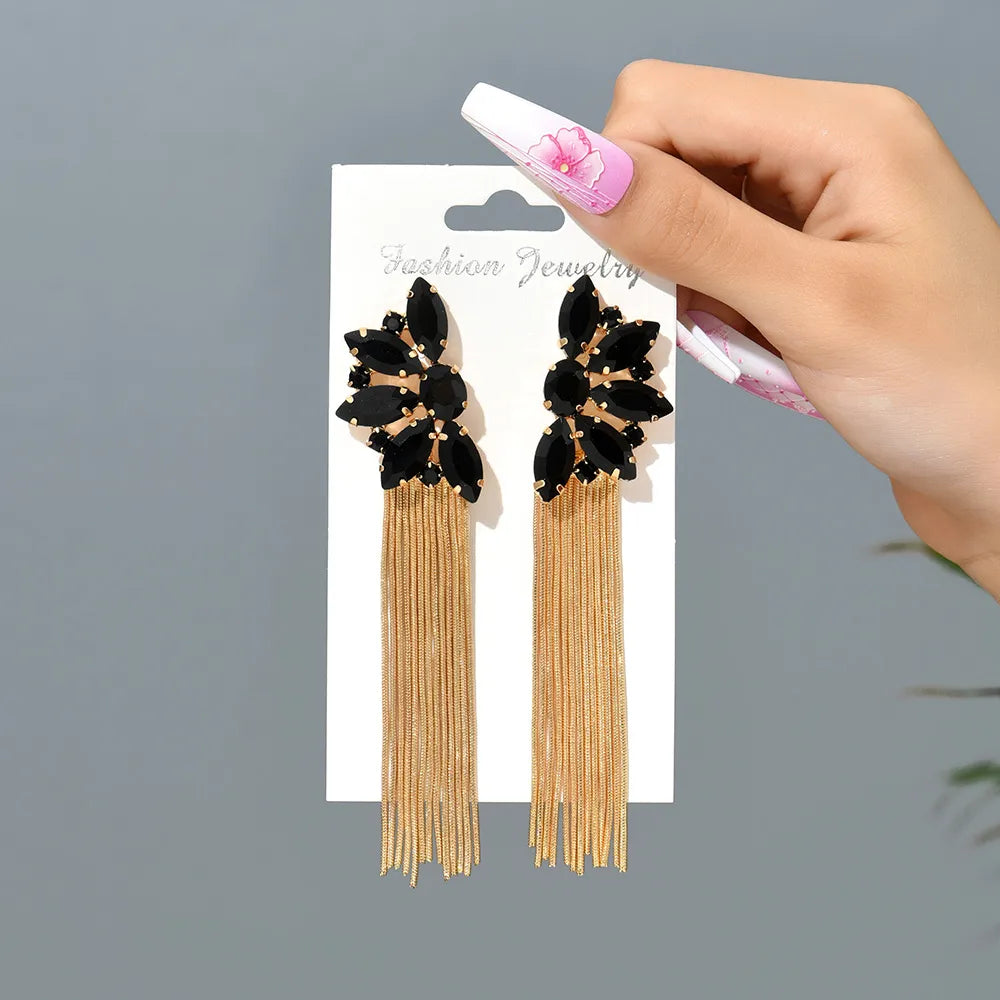 Wholesale Jewelry Retro Exaggerated Oval Tassel Zinc Alloy Glass Plating Inlay Drop Earrings