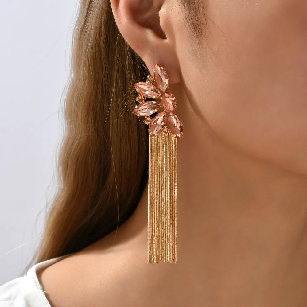 Wholesale Jewelry Retro Exaggerated Oval Tassel Zinc Alloy Glass Plating Inlay Drop Earrings