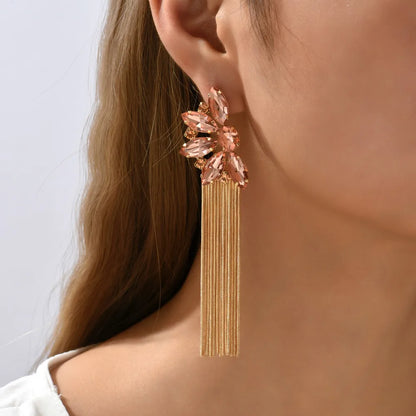 Wholesale Jewelry Retro Exaggerated Oval Tassel Zinc Alloy Glass Plating Inlay Drop Earrings