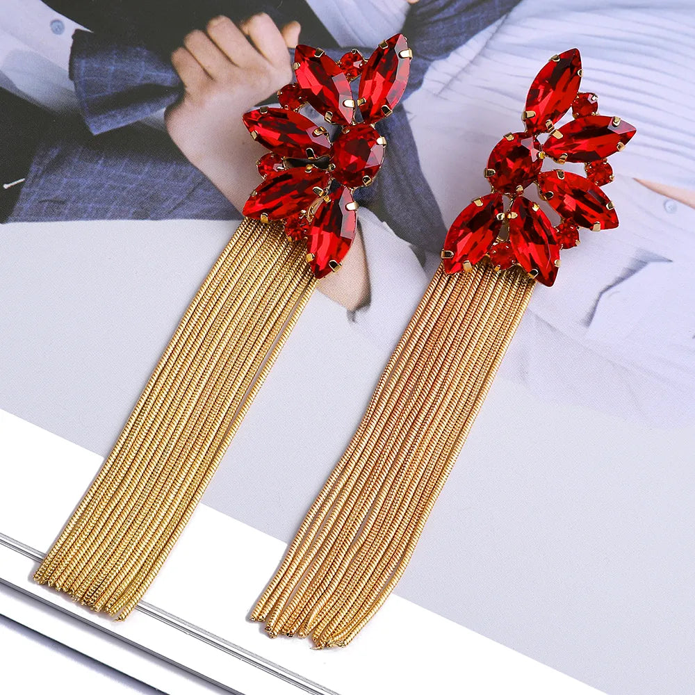 Wholesale Jewelry Retro Exaggerated Oval Tassel Zinc Alloy Glass Plating Inlay Drop Earrings