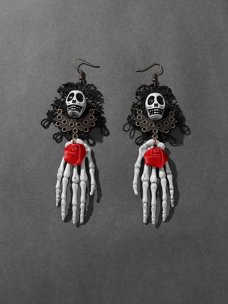 Wholesale Jewelry Retro Exaggerated Punk Palm Rose Skull Alloy Plastic Cloth Mesh Drop Earrings