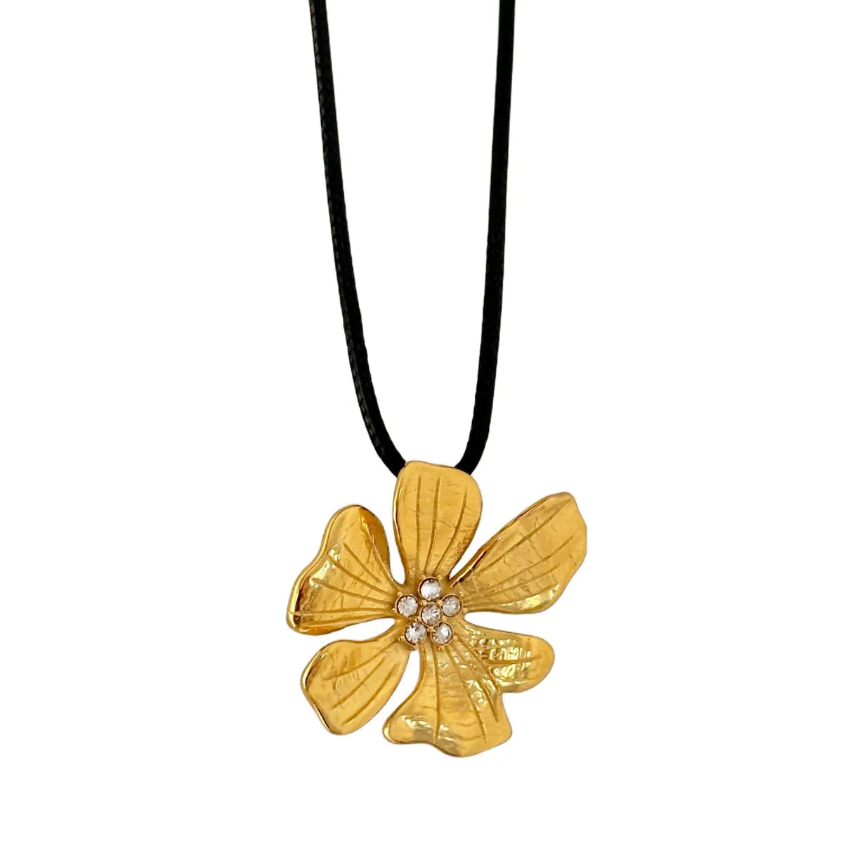 Wholesale Jewelry Retro Flower Leather Rope Titanium Steel Zircon 18K Gold Plated Plating Inlay Pendant Necklace