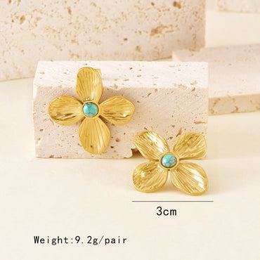 Wholesale Jewelry Retro French Style Flower Titanium Steel Turquoise Plating Inlay Earrings Necklace