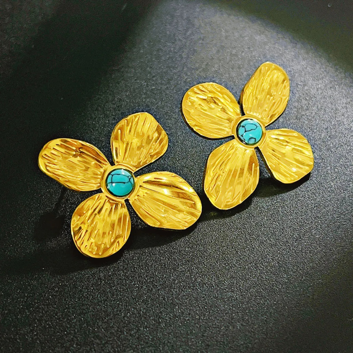 Wholesale Jewelry Retro French Style Flower Titanium Steel Turquoise Plating Inlay Earrings Necklace