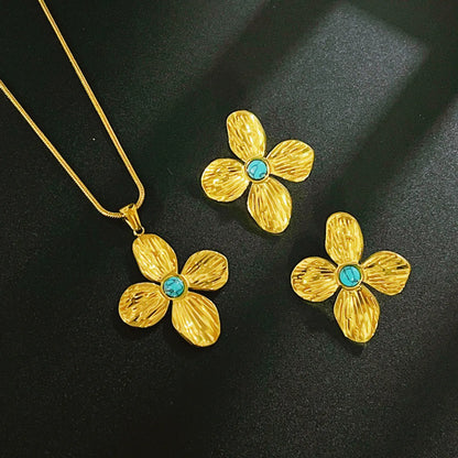 Wholesale Jewelry Retro French Style Flower Titanium Steel Turquoise Plating Inlay Earrings Necklace