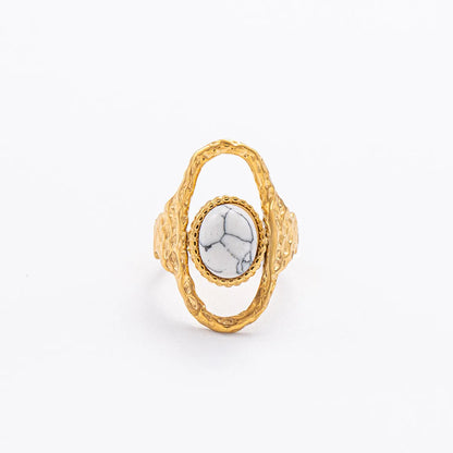 Wholesale Jewelry Retro French Style Oval 304 Stainless Steel Natural Stone 18K Gold Plated Inlay Open Rings