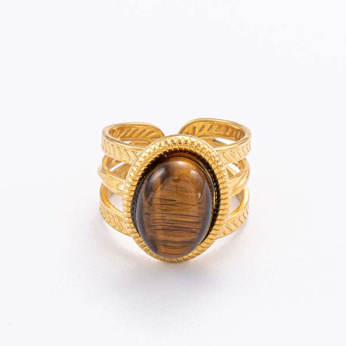 Wholesale Jewelry Retro French Style Oval 304 Stainless Steel Natural Stone 18K Gold Plated Inlay Open Rings