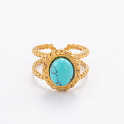 Wholesale Jewelry Retro French Style Oval 304 Stainless Steel Natural Stone 18K Gold Plated Inlay Open Rings