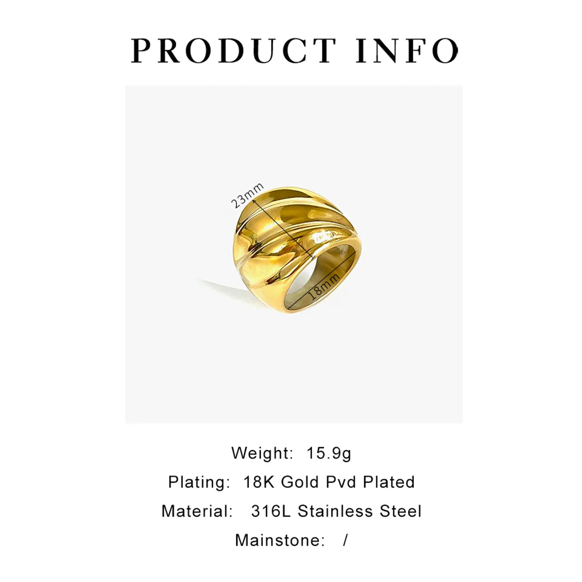 Wholesale Jewelry Retro French Style Waves Solid Color 316L Stainless Steel  18K Gold Plated Irregular Rings