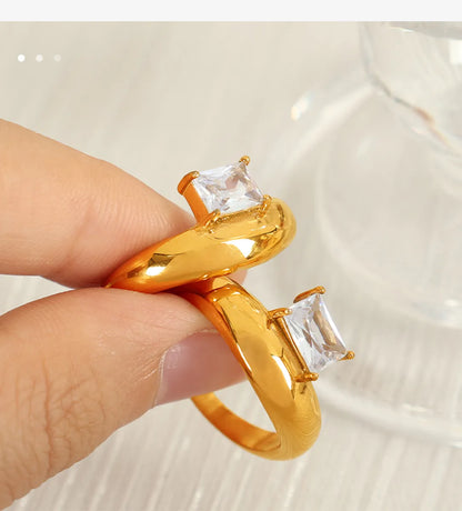 Wholesale Jewelry Retro Luxurious French Style Geometric 304 Stainless Steel Zircon 18K Gold Plated Polishing Inlay Rings