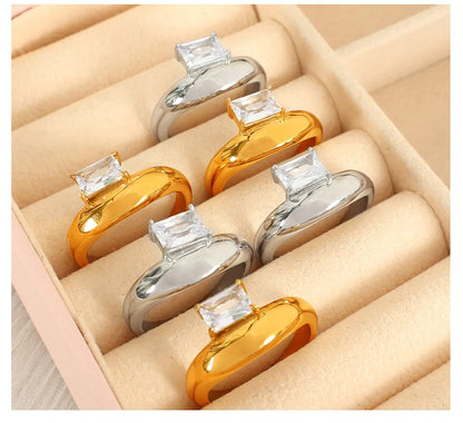 Wholesale Jewelry Retro Luxurious French Style Geometric 304 Stainless Steel Zircon 18K Gold Plated Polishing Inlay Rings