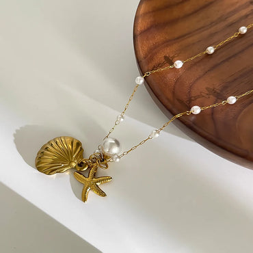 Wholesale Jewelry Retro Marine Style Beach Starfish Shell 316L Stainless Steel  18K Gold Plated Pendant Necklace