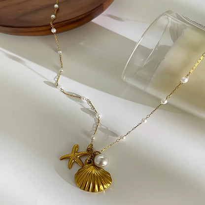 Wholesale Jewelry Retro Marine Style Beach Starfish Shell 316L Stainless Steel  18K Gold Plated Pendant Necklace